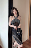 Glamorous Halter Midi Dress with Mesh Panel and Sequin Detailing