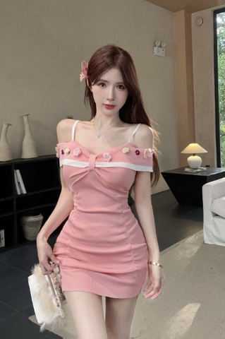 Stylish Blush Mini Dress with Bow Detail and Decorative Flower Accents