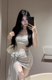 Elegant Strapless Mini Dress with Sheer Panel and Flower Accent