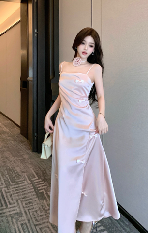 Charming Light Pink Silk Dress with Delicate Bow Details