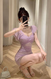 Charming Lilac Ruched Dress with Sheer Panel and Flutter Sleeves