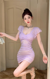 Charming Lilac Ruched Dress with Sheer Panel and Flutter Sleeves