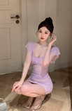 Charming Lilac Ruched Dress with Sheer Panel and Flutter Sleeves