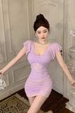Charming Lilac Ruched Dress with Sheer Panel and Flutter Sleeves