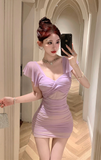 Charming Lilac Ruched Dress with Sheer Panel and Flutter Sleeves