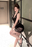 Stylish Black Bodycon Dress with Strappy Halter and Tassel Accents