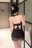 Stylish Black Bodycon Dress with Strappy Halter and Tassel Accents