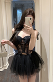 Charming Black Corset Dress with Lace Inserts and Tulle Skirt