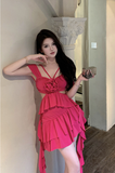 Stylish Hot Pink Dress with Flower Detail and Ruffled Layers