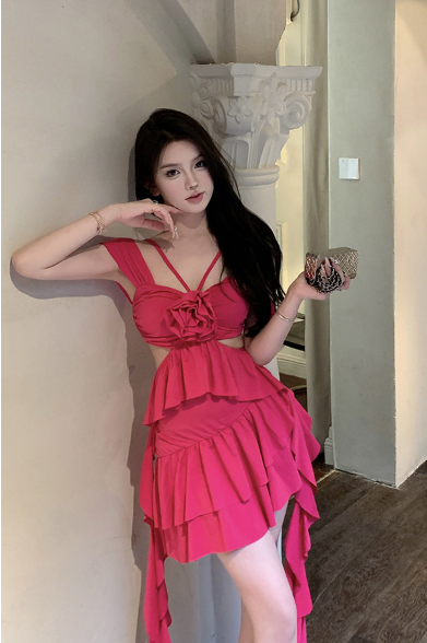 Stylish Hot Pink Dress with Flower Detail and Ruffled Layers