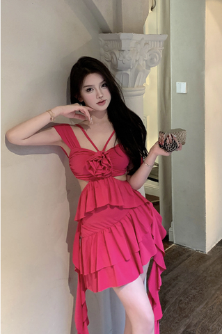 Stylish Hot Pink Dress with Flower Detail and Ruffled Layers