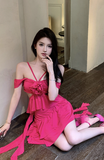 Stylish Hot Pink Dress with Flower Detail and Ruffled Layers
