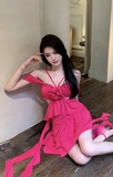 Stylish Hot Pink Dress with Flower Detail and Ruffled Layers