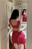 Stylish Hot Pink Dress with Flower Detail and Ruffled Layers
