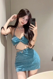 Sparkling Teal Halter Crop Top and Mini Skirt Set
