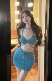 Sparkling Teal Halter Crop Top and Mini Skirt Set