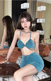 Sparkling Teal Halter Crop Top and Mini Skirt Set