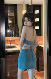 Sparkling Teal Halter Crop Top and Mini Skirt Set