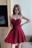 Charming Scarlet Sling Dress with Delicate Lace Pattern and Flared Skirt