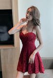 Charming Scarlet Sling Dress with Delicate Lace Pattern and Flared Skirt