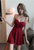 Charming Scarlet Sling Dress with Delicate Lace Pattern and Flared Skirt