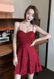 Charming Scarlet Sling Dress with Delicate Lace Pattern and Flared Skirt