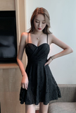 Charming Scarlet Sling Dress with Delicate Lace Pattern and Flared Skirt
