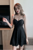 Charming Scarlet Sling Dress with Delicate Lace Pattern and Flared Skirt