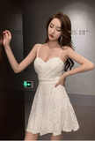 Charming Scarlet Sling Dress with Delicate Lace Pattern and Flared Skirt