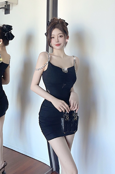 Stylish Black Bodycon Dress with Chain - strap Details and Cut - out Design