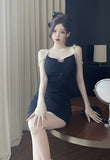 Stylish Black Bodycon Dress with Chain - strap Details and Cut - out Design