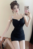 Stylish Black Bodycon Dress with Chain - strap Details and Cut - out Design