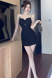 Stylish Black Bodycon Dress with Chain - strap Details and Cut - out Design