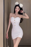 Elegant Strapless White Mini Dress with Gold Button Detail