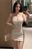 Elegant Strapless White Mini Dress with Gold Button Detail