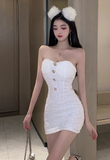 Elegant Strapless White Mini Dress with Gold Button Detail