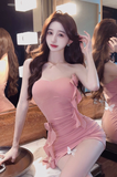 Charming Blush Strapless Mini Dress with Ruffle and Flower Accents