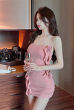 Charming Blush Strapless Mini Dress with Ruffle and Flower Accents