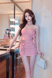 Charming Blush Strapless Mini Dress with Ruffle and Flower Accents
