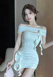 Charming Blush Strapless Mini Dress with Ruffle and Flower Accents