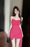 Stylish Fuchsia Strapless Mini Dress with Asymmetric Ruched Detail