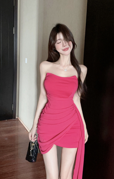 Stylish Fuchsia Strapless Mini Dress with Asymmetric Ruched Detail