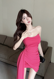 Stylish Fuchsia Strapless Mini Dress with Asymmetric Ruched Detail