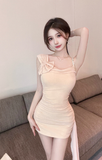 Charming Beige Bodycon Dress with Bow Detail and Ruched Design