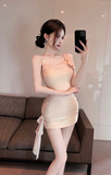 Charming Beige Bodycon Dress with Bow Detail and Ruched Design