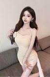 Charming Beige Bodycon Dress with Bow Detail and Ruched Design