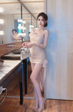 Charming Beige Bodycon Dress with Bow Detail and Ruched Design