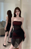 Stylish Strapless Dress with Gradient Color and Sheer Panel Design