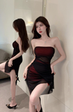 Stylish Strapless Dress with Gradient Color and Sheer Panel Design