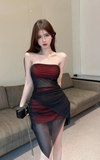 Stylish Strapless Dress with Gradient Color and Sheer Panel Design
